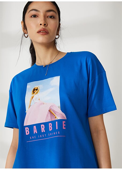 Barbie Saks Kadın Bisiklet Yaka Oversize Baskılı T-Shirt 23KB-19 3