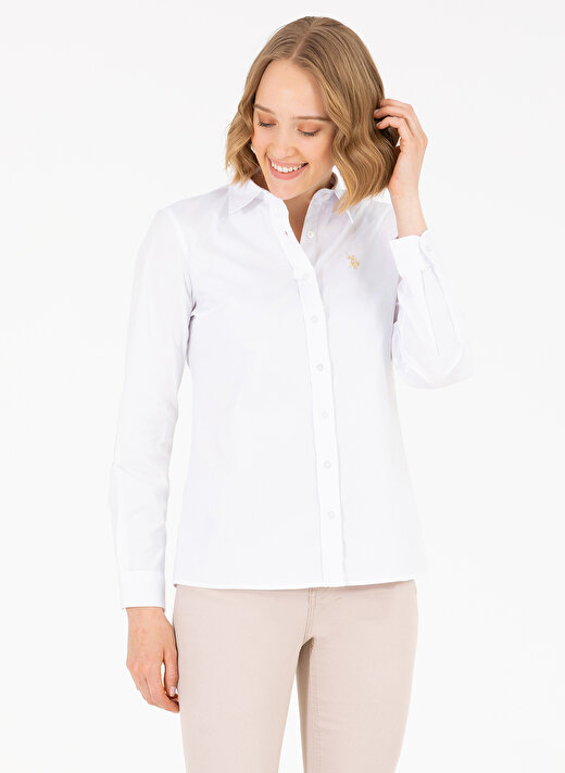 U.S. Polo Assn. Slim Fit Gömlek Yaka Düz Beyaz Kadın Gömlek SALY023Y 2