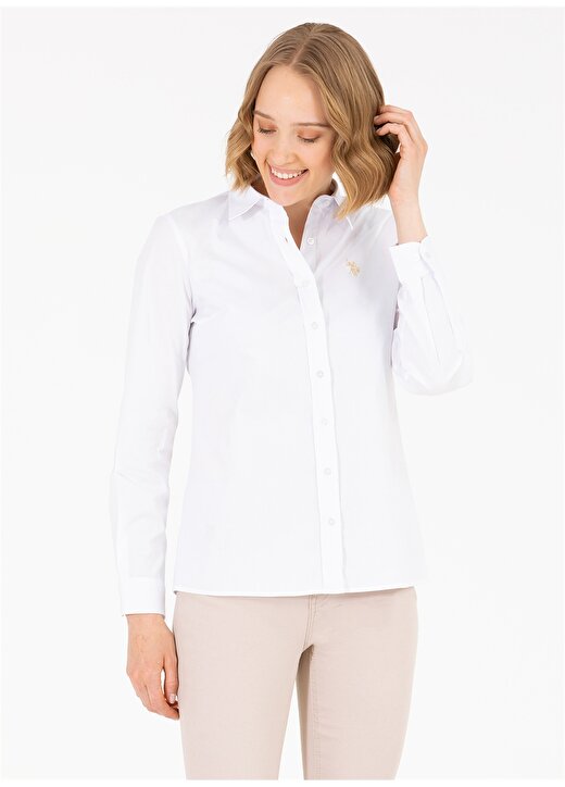 U.S. Polo Assn. Slim Fit Gömlek Yaka Düz Beyaz Kadın Gömlek SALY023Y 2