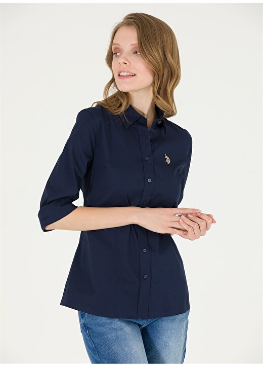 U.S. Polo Assn. Slim Fit Gömlek Yaka Düz Lacivert Kadın Gömlek SALY023Y 2