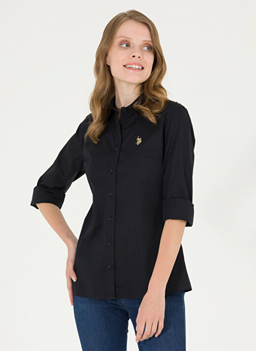 U.S. Polo Assn. Slim Fit Gömlek Yaka Düz Siyah Kadın Gömlek SALY023Y 1