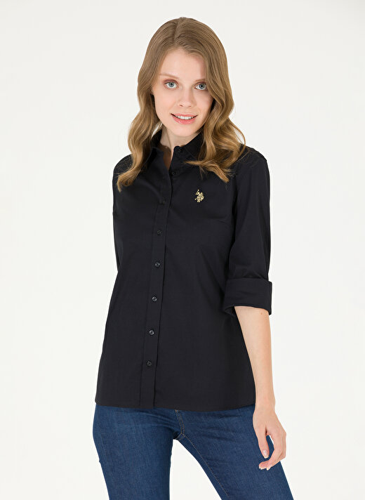 U.S. Polo Assn. Slim Fit Gömlek Yaka Düz Siyah Kadın Gömlek SALY023Y 2