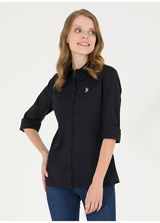 U.S. Polo Assn. Slim Fit Gömlek Yaka Düz Koyu Siyah Kadın Gömlek SALY023Y 1