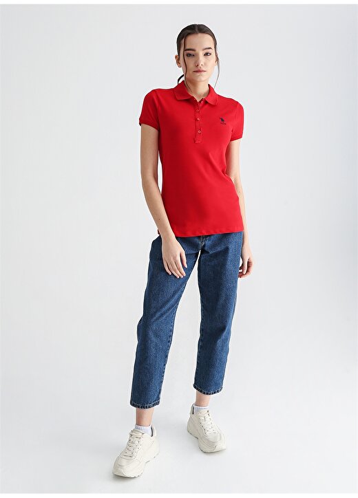 U.S. Polo Assn. Polo Yaka Düz Koyu Kırmızı Kadın T-Shirt TP0123 2