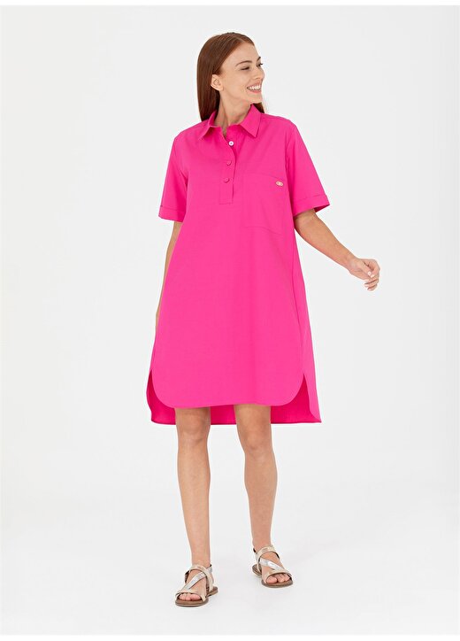 U.S. Polo Assn. Gömlek Yaka Düz Pembe Diz Altı Kadın Elbise AFTA 3