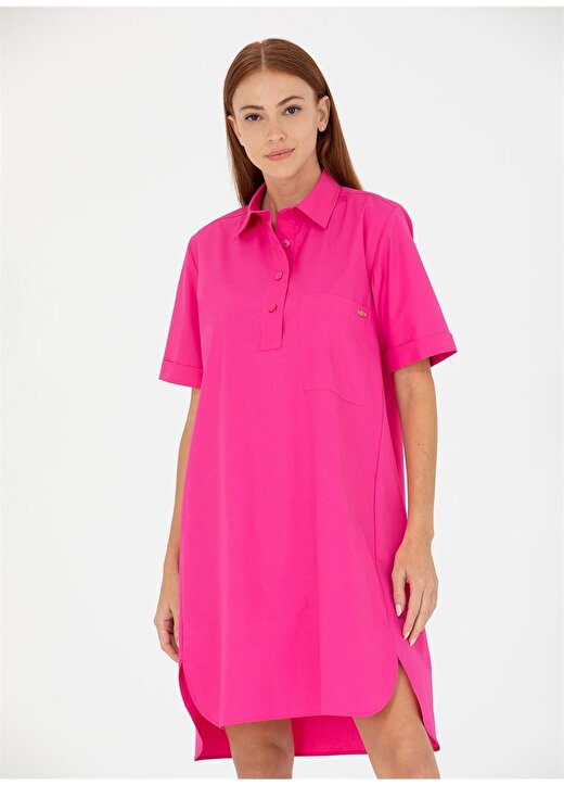 U.S. Polo Assn. Gömlek Yaka Düz Pembe Diz Altı Kadın Elbise AFTA 4