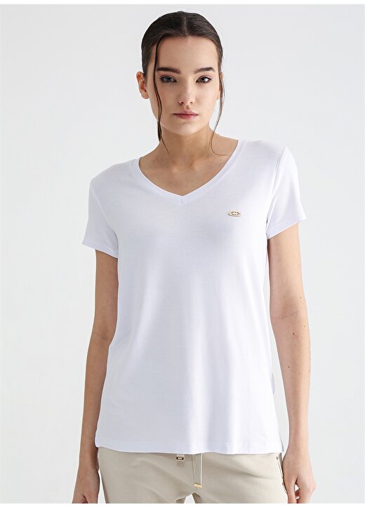 U.S. Polo Assn. V Yaka Düz Beyaz Kadın T-Shirt CIYOSEL23 3