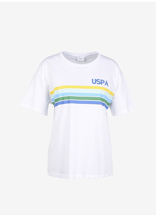 U.S. Polo Assn. Bisiklet Yaka Baskılı Beyaz Kadın T-Shirt GADALA 1
