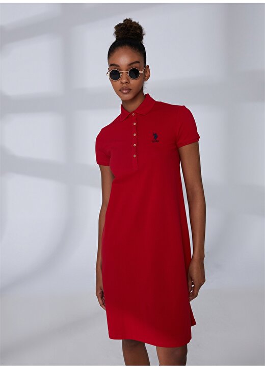 U.S. Polo Assn. Polo Yaka Düz Kırmızı Diz Üstü Kadın Elbise GURLIN23 1