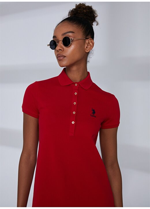 U.S. Polo Assn. Polo Yaka Düz Kırmızı Diz Üstü Kadın Elbise GURLIN23 3