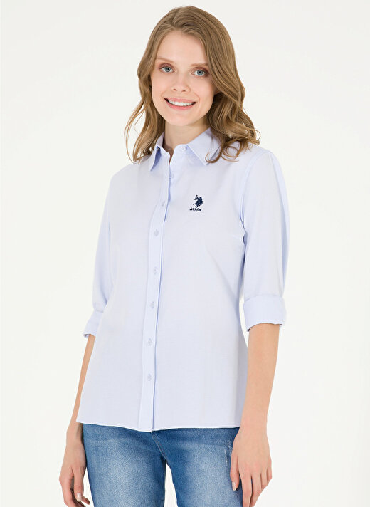 U.S. Polo Assn. Slim Fit Gömlek Yaka Düz Mavi Kadın Gömlek WOX23Y 1