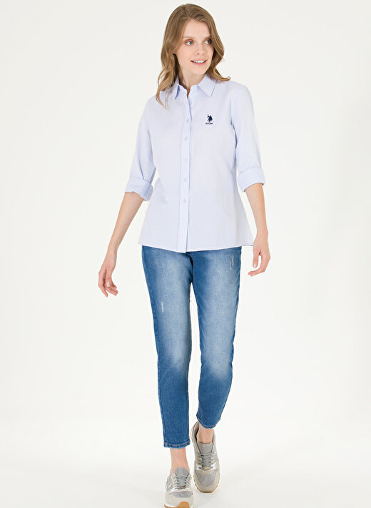 U.S. Polo Assn. Slim Fit Gömlek Yaka Düz Mavi Kadın Gömlek WOX23Y 4