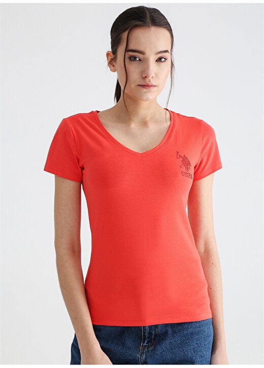 U.S. Polo Assn. V Yaka Düz Kırmızı Kadın T-Shirt TV0123 3