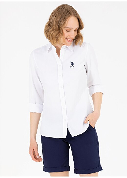 U.S. Polo Assn. Slim Fit Gömlek Yaka Düz Beyaz Kadın Gömlek WOX23Y 1