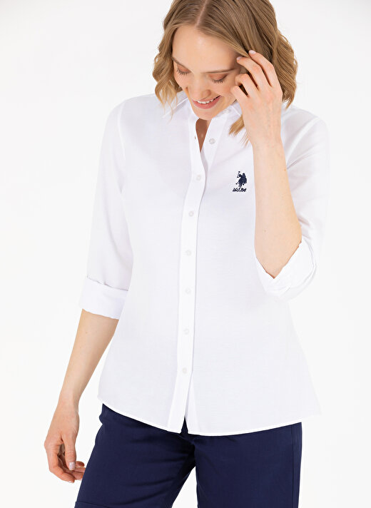 U.S. Polo Assn. Slim Fit Gömlek Yaka Düz Beyaz Kadın Gömlek WOX23Y 3