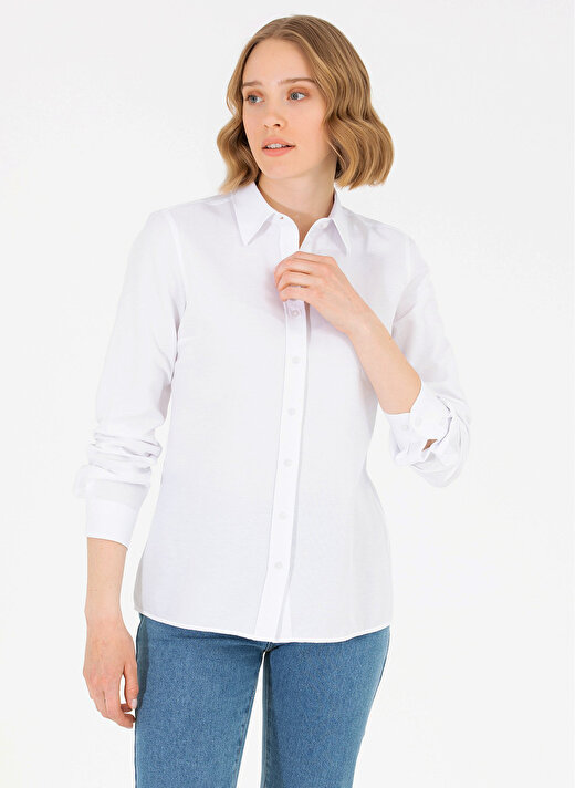 U.S. Polo Assn. Slim Fit Gömlek Yaka Düz Beyaz Kadın Gömlek WOXCOLOR023Y 1