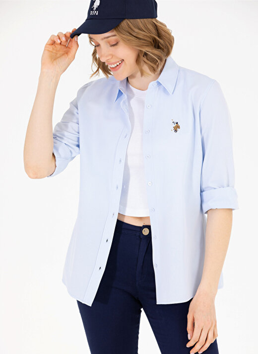 U.S. Polo Assn. Slim Fit Gömlek Yaka Düz Mavi Kadın Gömlek WOXCOLOR023Y 1