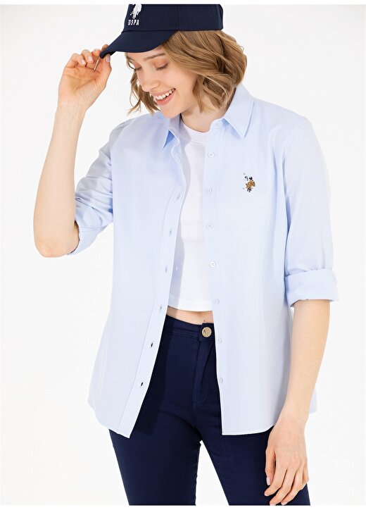 U.S. Polo Assn. Slim Fit Gömlek Yaka Düz Mavi Kadın Gömlek WOXCOLOR023Y 1