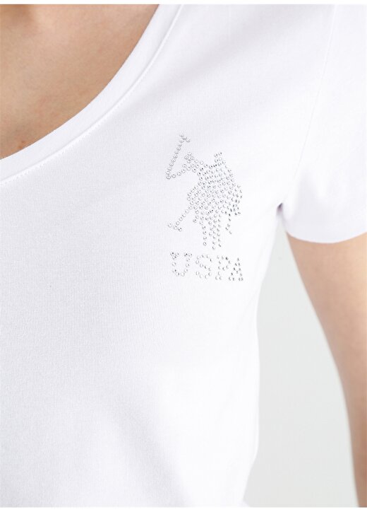 U.S. Polo Assn. V Yaka Düz Beyaz Kadın T-Shirt TV0123 4