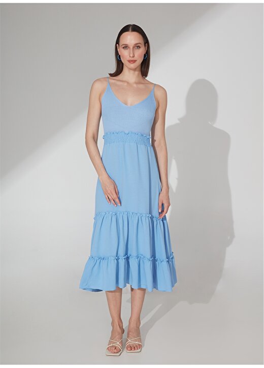 People By Fabrika V Yaka Düz Mavi Midi Kadın Elbise 22003-1 1