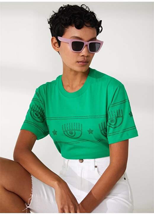 Chiara Ferragni Bisiklet Yaka Baskılı Yeşil Kadın T-Shirt 74CBHG01 2