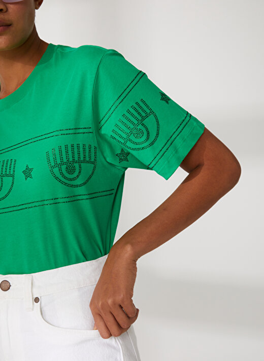 Chiara Ferragni Bisiklet Yaka Baskılı Yeşil Kadın T-Shirt 74CBHG01 4
