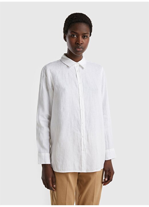 Benetton Normal Gömlek Yaka Düz Beyaz Kadın Gömlek 5BMLDQ02U 1
