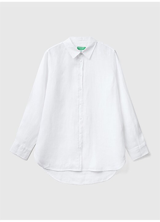 Benetton Normal Gömlek Yaka Düz Beyaz Kadın Gömlek 5BMLDQ02U 4