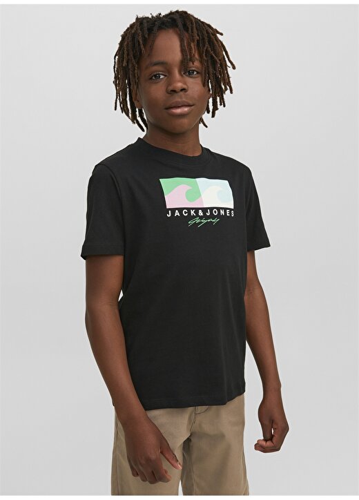 Jack & Jones Siyah Erkek Çocuk Bisiklet Yaka Desenli T-Shirt 12235535 1