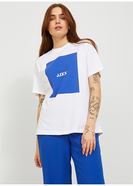 JJXX Bisiklet Yaka Baskılı Kırık Beyaz Kadın T-Shirt 12204837 1