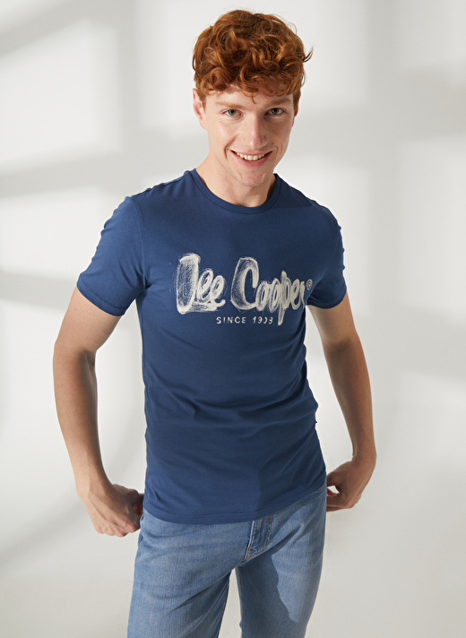 Lee Cooper Bisiklet Yaka İndigo Erkek T-Shirt 232 LCM 242029 DRAWINGLOGO INDIGO 1