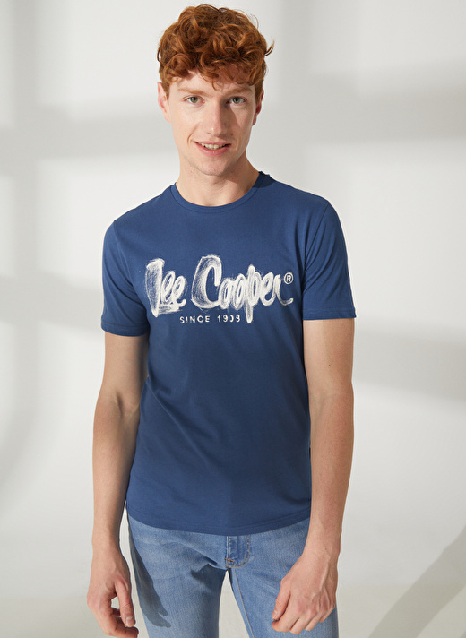 Lee Cooper Bisiklet Yaka İndigo Erkek T-Shirt 232 LCM 242029 DRAWINGLOGO INDIGO 3