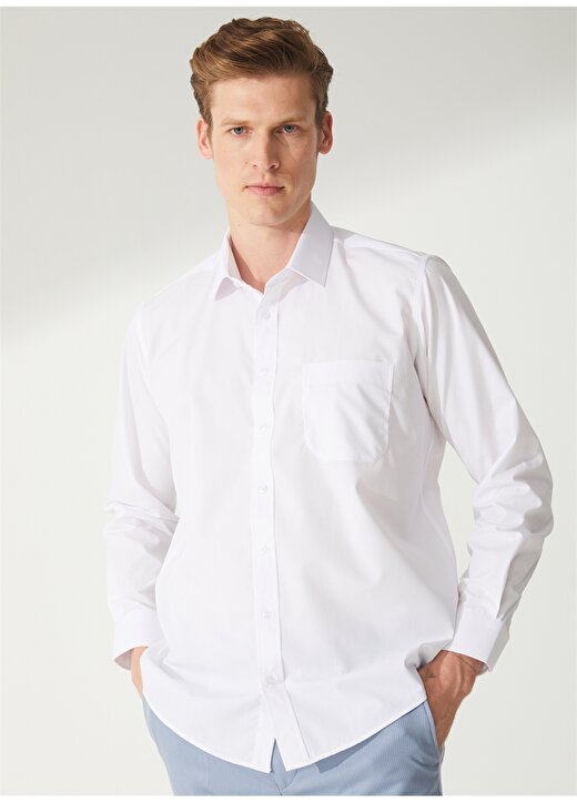 Süvari Regular Fit Klasik Yaka Düz Beyaz Erkek Gömlek GM1001400247 2