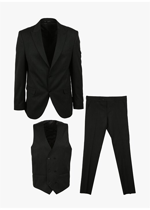 Süvari Siyah Erkek Sivri Yaka Slim Fit Armürlü Takım Elbise 1