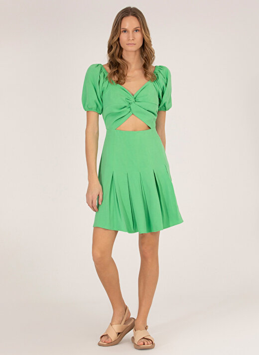 Pierre Cardin Yeşil Kadın Balon Kollu Diz Altı Slim Fit Düz Kare Yaka Elbise ASLIN 1