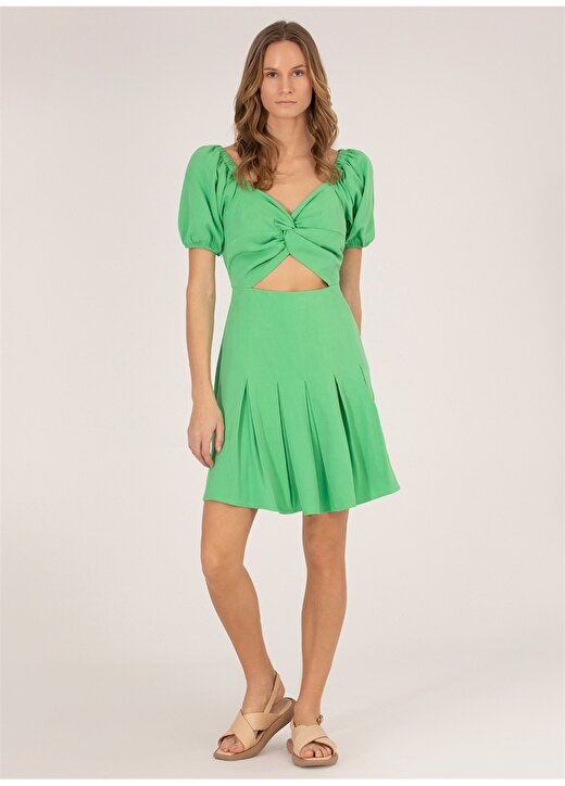 Pierre Cardin Yeşil Kadın Balon Kollu Diz Altı Slim Fit Düz Kare Yaka Elbise ASLIN 1
