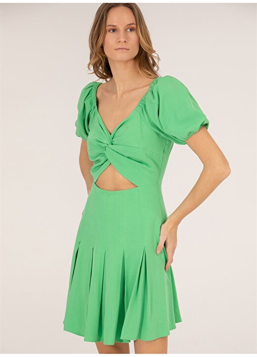 Pierre Cardin Yeşil Kadın Balon Kollu Diz Altı Slim Fit Düz Kare Yaka Elbise ASLIN 2