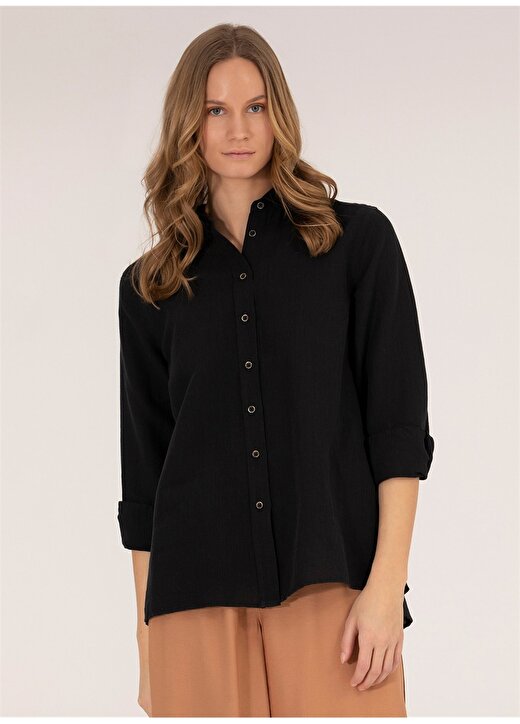 Pierre Cardin Comfort Fit Gömlek Yaka Düz Siyah Kadın Gömlek KETO 1