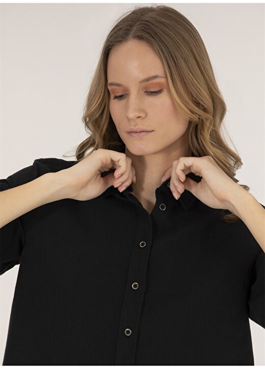 Pierre Cardin Comfort Fit Gömlek Yaka Düz Siyah Kadın Gömlek KETO 2