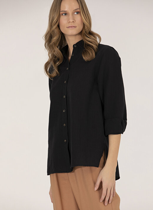 Pierre Cardin Comfort Fit Gömlek Yaka Düz Siyah Kadın Gömlek KETO 4