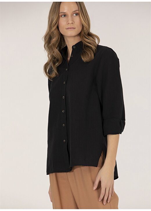 Pierre Cardin Comfort Fit Gömlek Yaka Düz Siyah Kadın Gömlek KETO 3