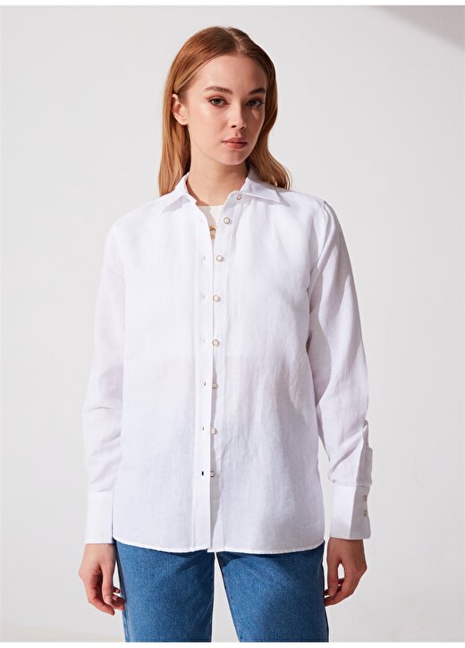 Pierre Cardin Beyaz Kadın Comfort Fit Keten Gömlek KETO 1