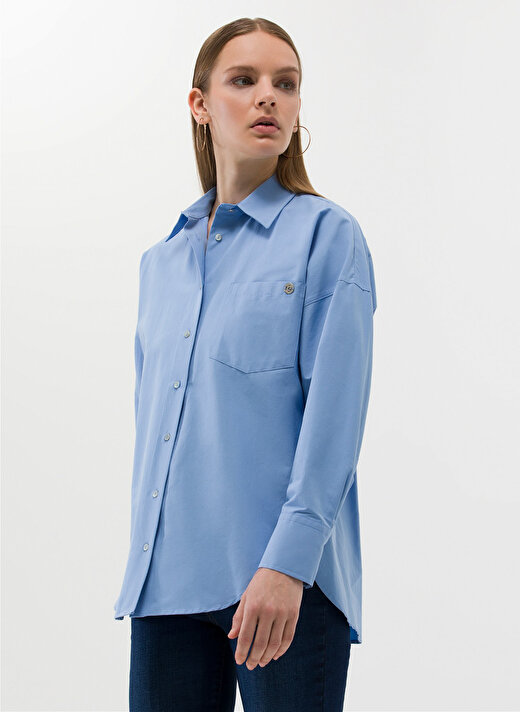 Pierre Cardin Oversized Gömlek Yaka Düz İndigo Kadın Gömlek NENAB 1