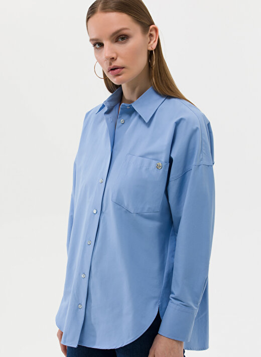 Pierre Cardin Oversized Gömlek Yaka Düz İndigo Kadın Gömlek NENAB 2