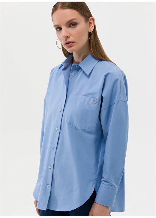 Pierre Cardin Oversized Gömlek Yaka Düz İndigo Kadın Gömlek NENAB 2