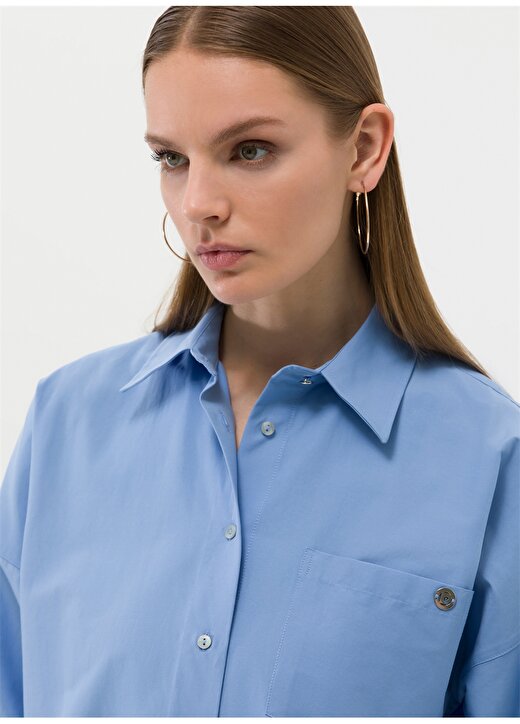 Pierre Cardin Oversized Gömlek Yaka Düz İndigo Kadın Gömlek NENAB 3