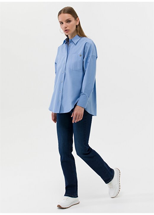 Pierre Cardin Oversized Gömlek Yaka Düz İndigo Kadın Gömlek NENAB 4