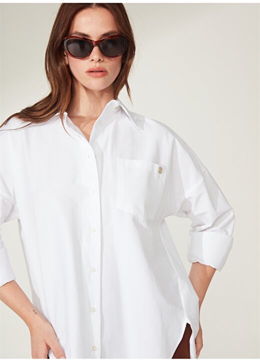 Pierre Cardin Oversized Gömlek Yaka Düz Beyaz Kadın Gömlek NENAB 1