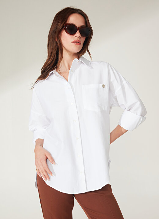 Pierre Cardin Oversized Gömlek Yaka Düz Beyaz Kadın Gömlek NENAB 2