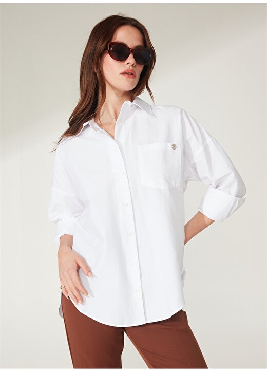 Pierre Cardin Oversized Gömlek Yaka Düz Beyaz Kadın Gömlek NENAB 2